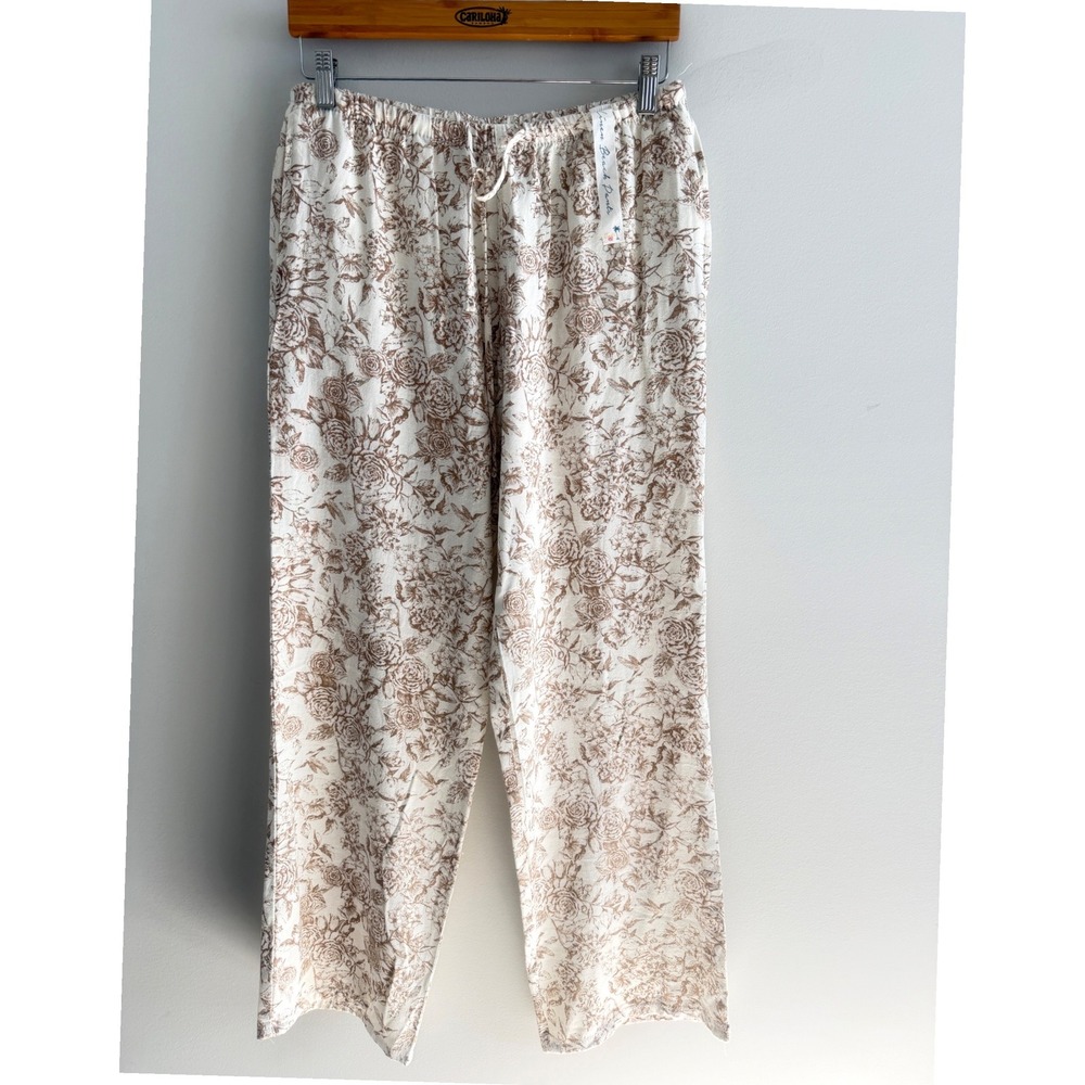 Women’s Wide-Leg Drawstring Floral Lounge Pants - White & Light Brown - Picture 2 of 14